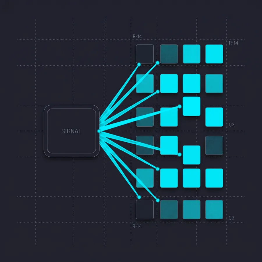 Vandoko market intelligence as a signal graph: a source node feeding a field of signal nodes, one isolated
