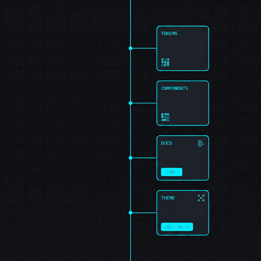 The Vandoko Registry as a version graph: tokens, components, docs, and theme nodes on a governed spine